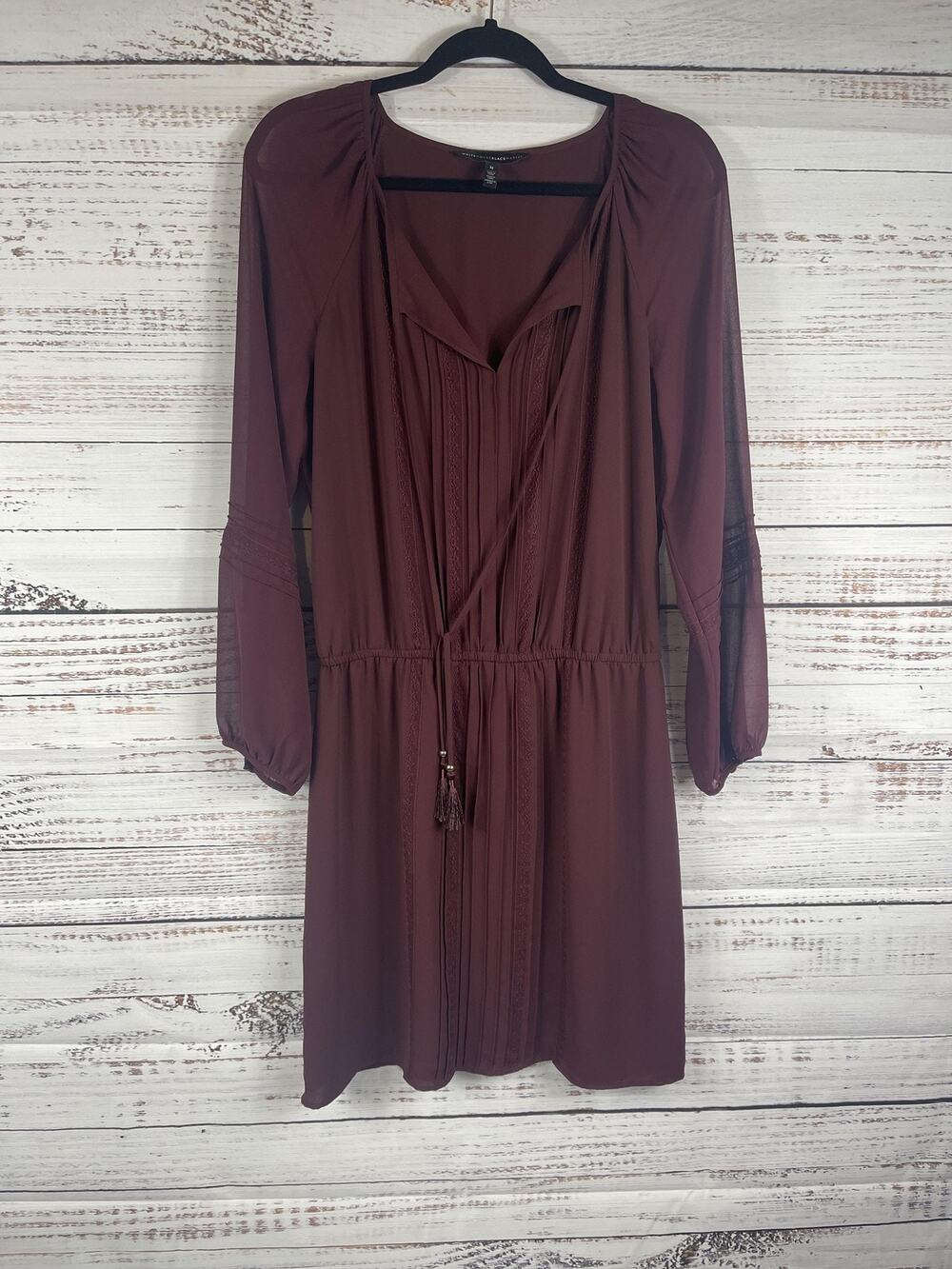 White House Black Market Dress Womens Medium Purple Tassel Fit Flare Long Sleeve